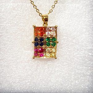 Multi-color cubic zirconia pendant 20 in plus adjustable in goldtone/Brass
